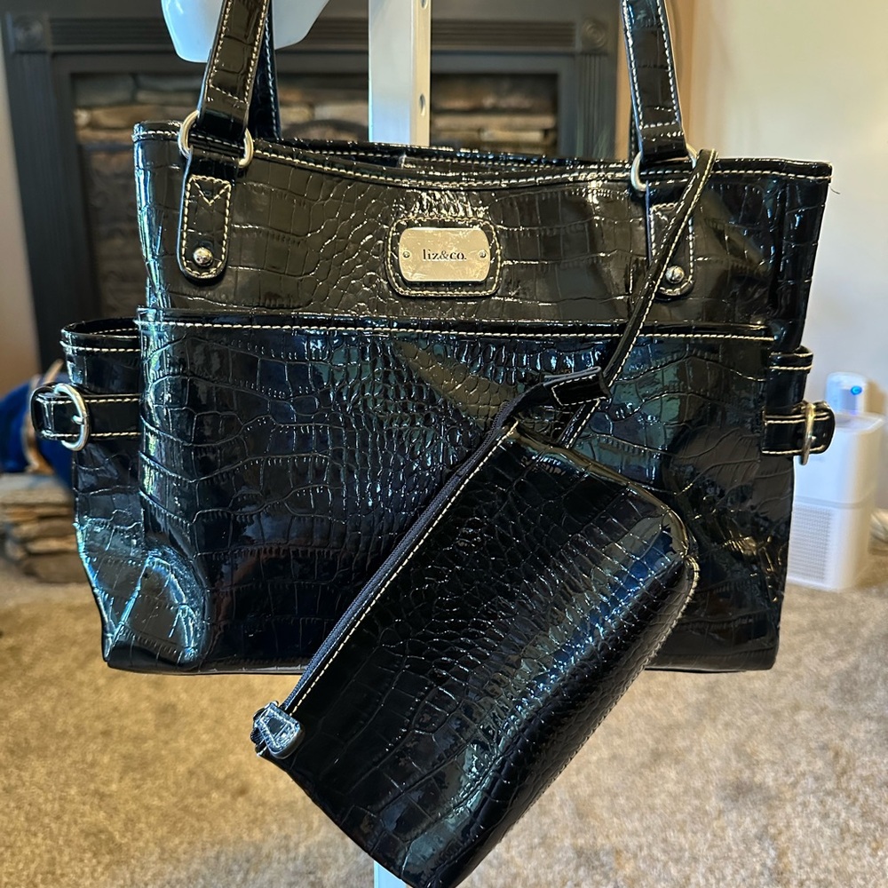 Liz & Co. Shiny Black Croc-Embossed Tote with Pouch